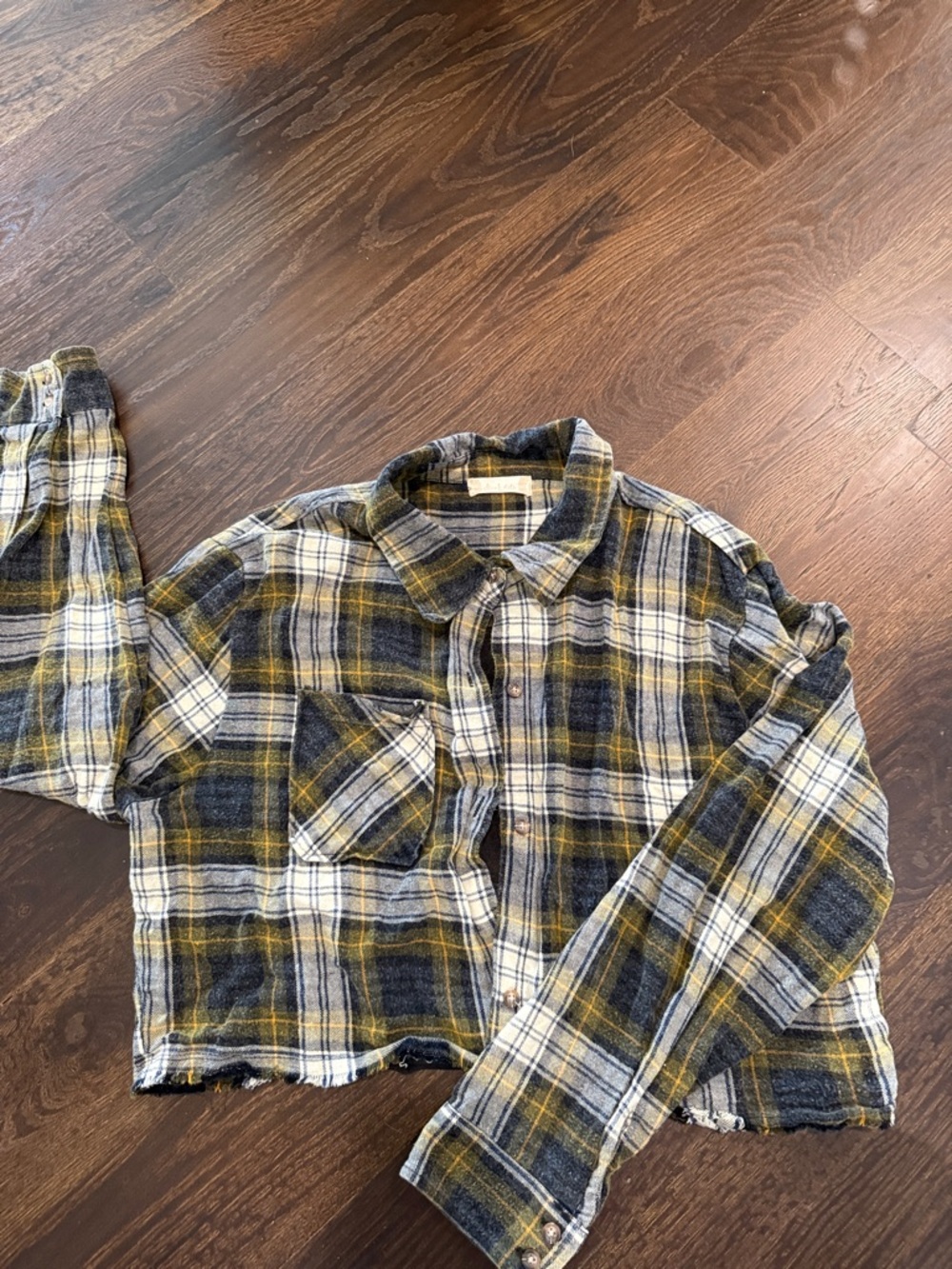 Altar'd State Mustard, Gray & Black Plaid Cropped Button-Up Shirt